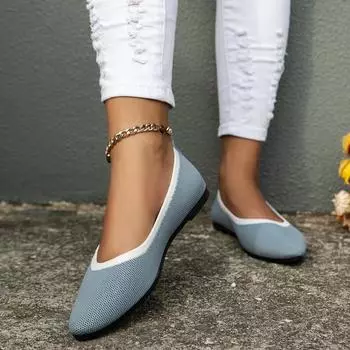 мода весна и осень повседневная обувь женские трикотажные туфли на плоской подошве дышащие заостренные носки женские сетчатые мокасины большой размер рабочая обувь 36 чёрный