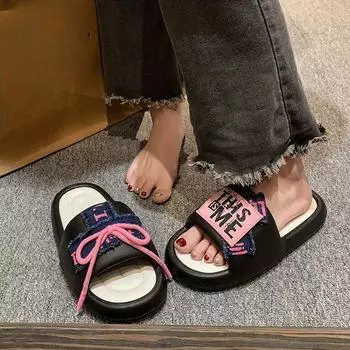 мода весна/лето новые милые пляжные тапочки модные повседневные универсальные сандалии женские мягкие подошвы милые сандалии в форме банта 36-37 чёрный