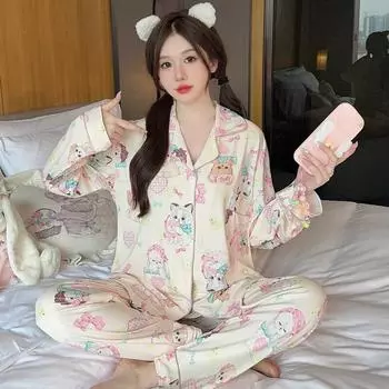 Мода весна осень мягкий милый принт с мультяшным котом женский пижамный комплект кардиган пуговицы женский комплект из 2 предметов элегантная пижама для девочек M