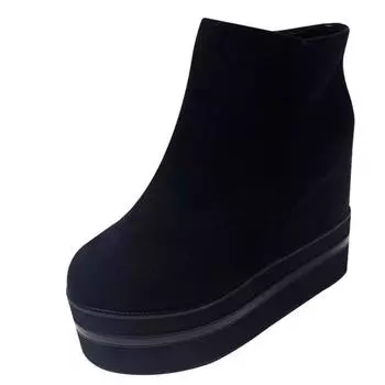 мода весна осень толстая подошва короткие сапоги женские платформа танкетка каблуки женские ботильоны увеличивающие рост флок молния 34 чёрный