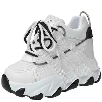 мода весна осень женские толстые кроссовки скрытые каблуки дышащая сетка повседневная обувь женская мода платформа женская спортивная обувь 34 чёрный