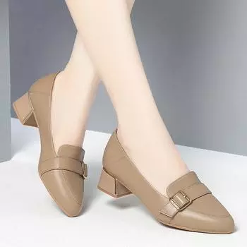 мода весна осень женские толстый каблук женские мюли однотонные мягкие с острым носком рабочие мягкие кожаные туфли грация простые удобные 35(Foot22.5cm)