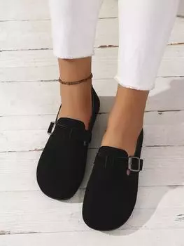 мода весна/осень женские туфли на плоской подошве с круглым носком плоские туфли для женщин на открытом воздухе модные лоферы с пряжкой на ремне нескользящие женские туфли 36 чёрный