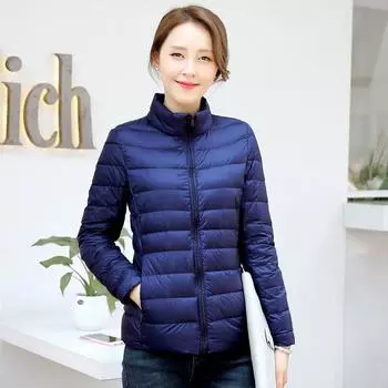 МОДА весна зима легкий пуховик однотонный воротник на резинке тонкий большой размер женский короткий пуховик цельный предмет одежды S чёрный