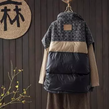 МОДА воротник-стойка контрастный цвет пуховик жилет женский короткий зимний корейский вариант свободный модный универсальный белый утиный пуховик модный One size чёрный