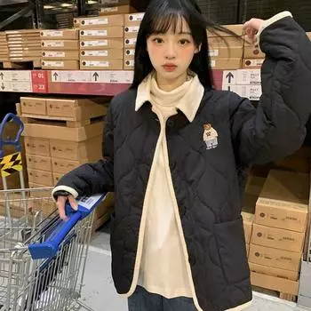 МОДА вышитый ромб хлопок зима 2024 новый свободный модный контрастный цвет сращивание лацкан хлопка пальто женская одежда S