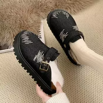 мода вышивка холст мех балетки женские тапочки платформа мюли плюшевые хлопковые туфли повседневные шлепанцы тренд зимние теплые Zapatos Mujer 35