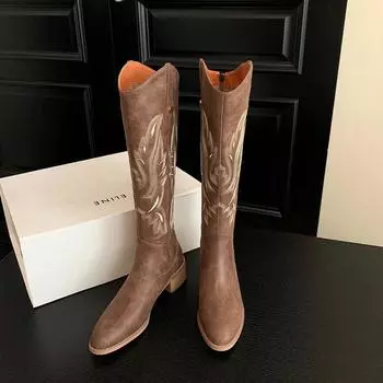 мода вышивка женские ковбойские сапоги модные молнии сзади рыцарские длинные ботинки квадратный каблук осенне-зимняя обувь 35 коричневый