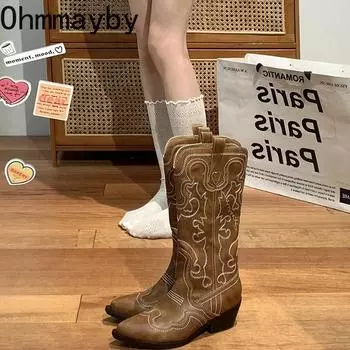 мода вышивка женские ковбойские сапоги в стиле вестерн модные длинные сапоги рыцаря с застежкой на квадратном каблуке осенне-зимняя обувь 35 коричневый