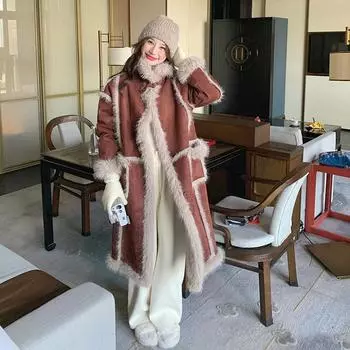 МОДА высококачественная меховая интегрированная куртка женская средней длины 2024 зима новая толстая замшевая шуба замедляющая старение Одежда S