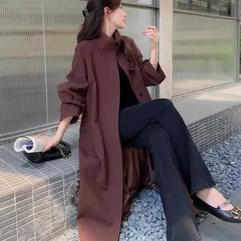 МОДА высококачественный свободный плащ женский 2024 осень новая ниша корейская версия воротник-стойка выше колена темперамент пальто Одежда S