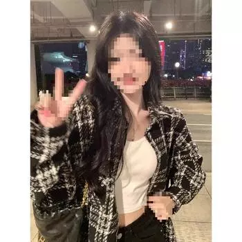 МОДА Xiaoxiangfeng клетчатая шерстяная куртка с длинными рукавами женская одежда весна 2024 новый тонкий свободный кардиган с длинными рукавами женская одежда S белый