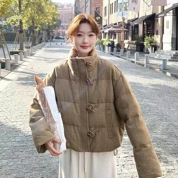 МОДА Xiaoxiangfeng кофейный клетчатый пуховик с роговой пряжкой женский зима 2024 новый высококачественный дизайн одежда для хлеба, чувствительная к молоку Одежда S