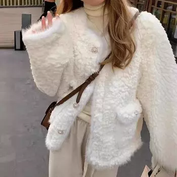 МОДА Xiaoxiangfeng куртка женская 2024 новая овечья шерсть искусственный мех кролика свободный и тонкий теплый высококачественный плюшевый топ Одежда S [Recommended 85-50kg]