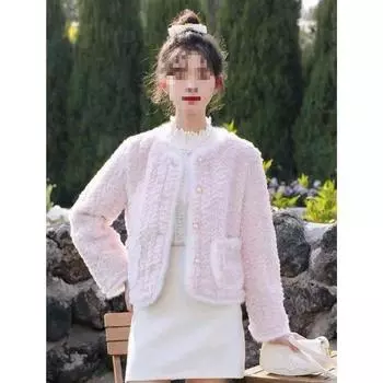 МОДА Xiaoxiangfeng плюшевая куртка женская 2024 зимняя новая премиум-дизайн фиолетовая круглая горловина универсальный короткий топ модная одежда S