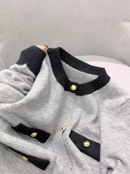 МОДА Xiaoxiangfeng вязаный кардиган свитер женский 2024 зима новый темперамент высококачественный серый короткий пальто топ Одежда One Size