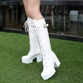 Мода XJRHXJR 2024 Большие размеры 34-43 Сексуальные сапоги на высоком каблуке до колена Женские зимние женские туфли на платформе Добавить меховые зимние сапоги женские 34 чёрный