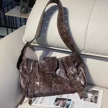 мода Y2k панк женская сумка через плечо повседневная большая вместимость повседневная кожаная винтажная сумка-тоут литературная продвинутая роскошная женская сумка 40X25X10cm кофейный