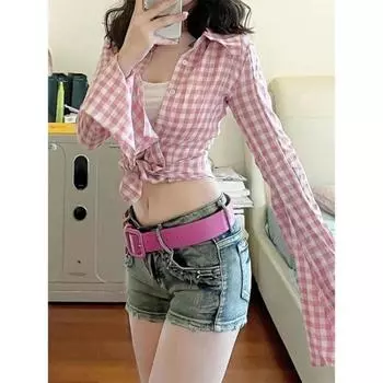 Мода Y2k Повседневная Сексуальная Длинный Рукав Универсальный Контрастный Цвет Клетчатая Рубашка Женская Корейская Летняя Уличная Одежда Укороченный Топ Blusas Feminina S розовый