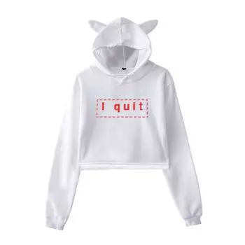 Мода Я Уволился Принт Каваи Кроп-топ Худи Забавные Кошачьи Ушки Укороченная Толстовка с Капюшоном Пуловер Женские Топы Уличная Одежда XS белый