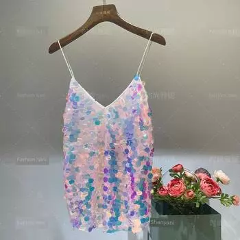 Мода Янни Мода Блестящие Большие Пайетки Слим Сексуальный V-образный вырез Топы на бретелях Костюмы Красочная Женская одежда Pink One size