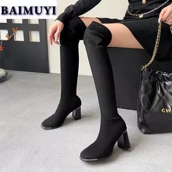 мода замшевые женские выше колена челси высокие сапоги туфли на высоком каблуке зима 2025 тренд новые массивные зимние сапоги готические туфли-лодочки Botas Mujer 35 чёрный