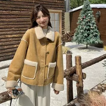 МОДА желтое полупальто из овечьей шерсти для женщин зима 2024 года новая ретромодельная одежда для маленьких мужчин с мехом и хлопком Одежда S жёлтый