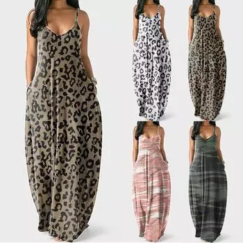 Мода женщин плюс размер печати сексуальный глубокий V подтяжка длинная юбка повседневное платье L зелёный