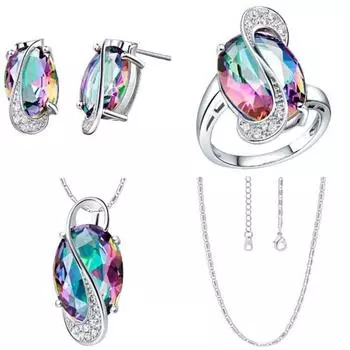 Мода женщин Радуга Искусственный Топаз Кулон Ожерелье Серьги Кольцо Комплект Ювелирных Изделий US 7 разноцветный