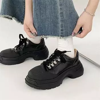 мода Женщина Тенденция Мода Мокасины На Шнуровке Платформа Толстая Подошва Плоские Теннисные Туфли Повседневные Мелкие Ретро Шнуровка Женские Кроссовки Обувь 35 чёрный