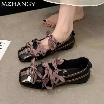 мода Женщины балетки танцевальная обувь на плоской подошве дизайнерские туфли с квадратным носком женские тенденции мода новинка сладкие Мэри Джейн осень Mujer Zapatos 35 чёрный