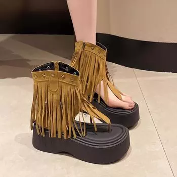 мода Женщины Clip Toe Cool Boots Средний каблук Сандалии Обувь Пляжная мода Fringe Лето 2024 Шлепанцы Bohemian Mujer Zapatos Тапочки 35 жёлтый