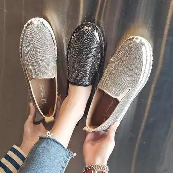 мода Женщины Леди Женщина Mujer Мода Стразы Кроссовки Zapatillas Толстая Подошва Повседневные Лоферы Ленивые Мокасины Плоские Туфли 698 4 чёрный