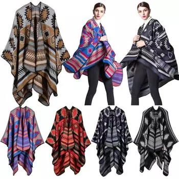 МОДА Женщины Пончо Шарф Кардиган Свитер Геометрический Принт Теплая Накидка Шаль Длинные Шарфы Пашмина Верхняя Одежда королевский синий