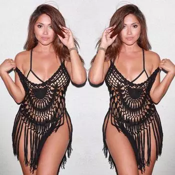 МОДА Женщины Сексуальные Открытые Пляжные Накидки Бикини Вязаные Накидки С Кисточками Купальники Купальный Костюм Платье Купальник S чёрный