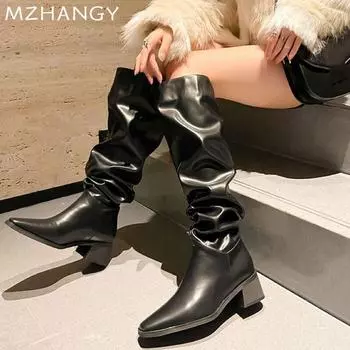 мода Женщины Средний каблук Высокие сапоги Кожаные массивные плиссированные туфли Женщина 2024 Тенденция Модные ботинки Челси Туфли-лодочки Зимние элегантные зимние Botas Mujer 35 чёрный