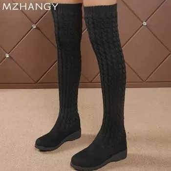 мода Женщины танкетка высокие сапоги средний каблук выше колена вязаные туфли женщина 2025 тренд зимняя мода классические сапоги-носки Mujer Botas 35