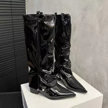 мода Женщины Высокие каблуки до колена зимние сапоги мода острый нос кожаные туфли бренд зимние тенденции готические туфли челси мотоциклетные ботинки женские 35