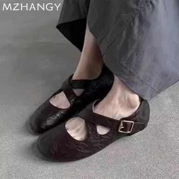 Мода Женская балетная обувь для танцев Кожаные туфли на плоской подошве Небольшие туфли Женские 2024 Тренд Осенняя повседневная обувь Новое платье Уютный бренд Mujer Zapatillas 35 чёрный