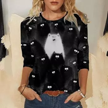 Мода Женская футболка с длинным рукавом и круглым вырезом Одежда на осень Футболки с изображением животных и кошек Футболки из хлопка Kawaii Streetwear Пуловер S