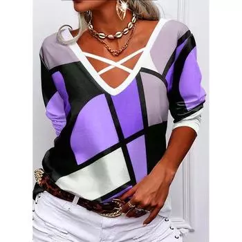 МОДА Женская футболка с длинным рукавом и V-образным вырезом, свободные мягкие топы с принтом S зелёный