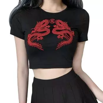 МОДА Женская футболка с коротким рукавом и принтом дракона, летний модный укороченный топ S красный