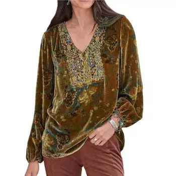 МОДА Женская футболка с V-образным вырезом Элегантная популярная ретро-цветочная футболка Блузка Женская одежда M серый