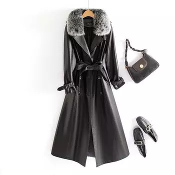 МОДА Женская куртка средней длины из искусственной кожи выше колена 2024 года с воротником из лисьего меха Трендовая одежда из искусственной овчины M 90-50kg