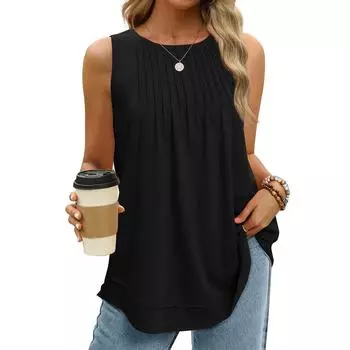 МОДА Женская летняя мода 2024 года, майки для женщин, свободный крой, плиссированные рубашки без рукавов с изогнутым подолом, струящаяся одежда S синий