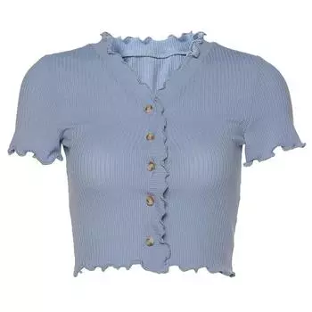 МОДА Женская летняя модная футболка с V-образным вырезом и коротким рукавом, укороченный топ S синий