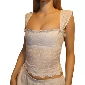 МОДА Женская майка, без рукавов, открытая спина, шнуровка, бант, кружево, пэчворк, облегающий летний топ для вечеринки в клубе L белый