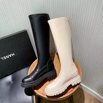 мода Женская мода британские высокие сапоги из натуральной кожи эластичная внутренняя часть длинные сапоги толстая подошва рыцарские сапоги 2024 осень/зима 34