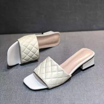мода Женская мода Дизайн плетеные мягкие тапочки белые квадратный каблук кожаные женские туфли вечерние летние женские сандалии с квадратным носком 35 бежевый
