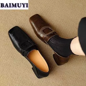 мода Женская мода Низкие каблуки Лоферы Квадратный носок Туфли Дизайнерский бренд Кожа 2025 Новое ретро-модное платье Туфли-лодочки Zapatillas Mujer 34 чёрный